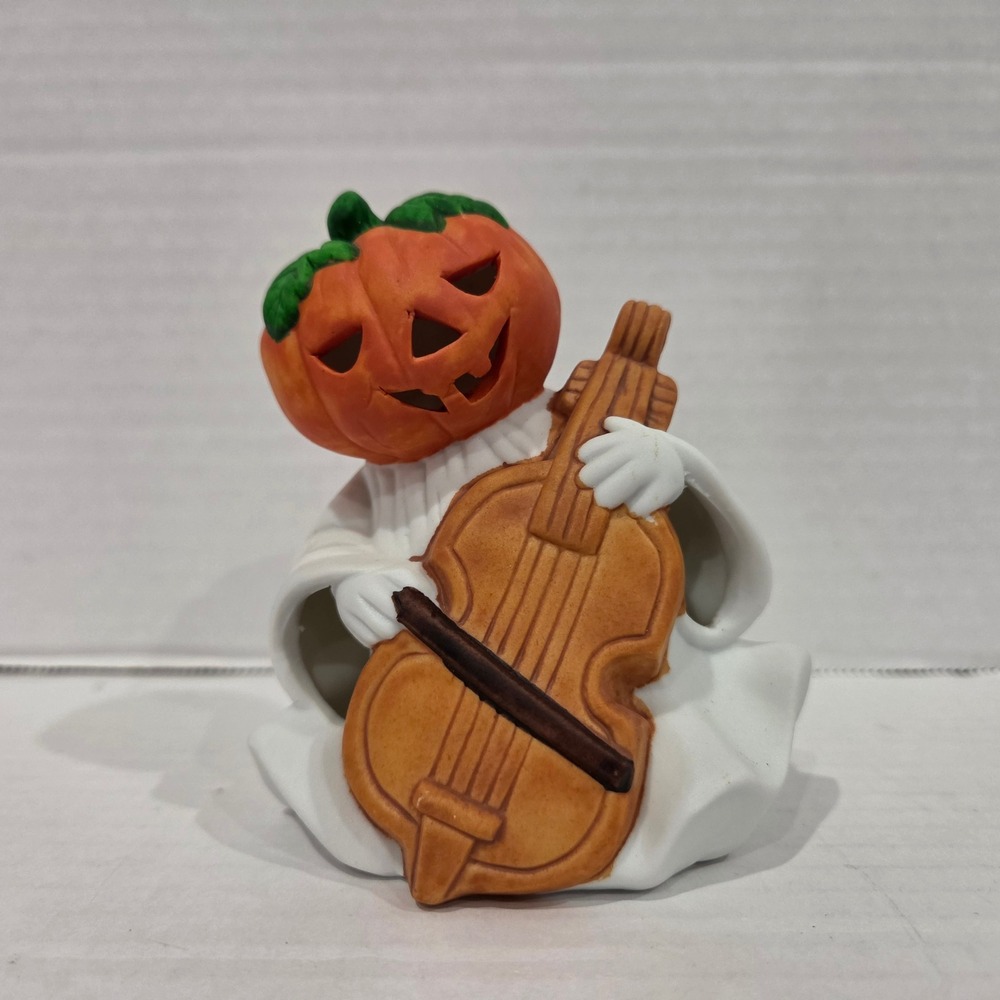 Halloween Pumpkin Head Ghost Playing Cello Figurine Ceramic Spooky Decor 4 inch